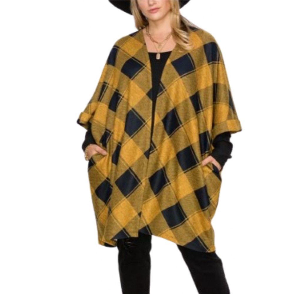 COIN 1804 NWT Plaid Roll Sleeve Pocket Kimono Size Small-XL